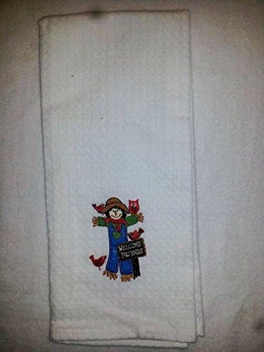 Set of 2 Identical Kitchen 100% Cotton Dish Towels for Autumn and Thanksgiving White with Scarecrow