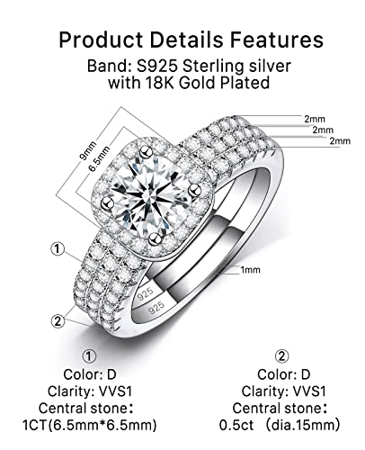 FCINOS Moissanite Engagement Rings, S925 Sterling Silver Wedding Rings Bridal Rings Set for Women, 18K White Gold Plated Halo Eternity Promise Ring 1CT D Color