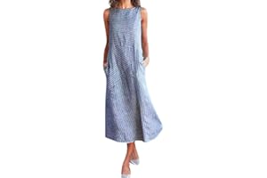 EKVAHL Women's Summer Maxi Dress Solid Sleeveless V Neck Button Down with Pockets Swing Flowy Sundress Print Casual Dresses