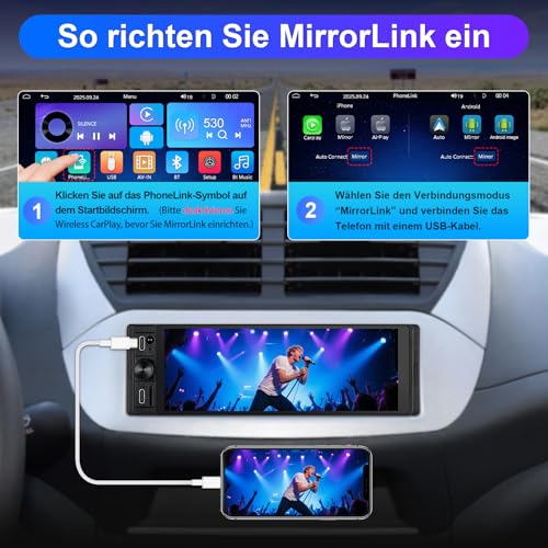 1 DIN Radio Compatible with Wireless CarPlay & Android Car, Car Radio 1Din with 6.28 Inch HD Screen, Navi, Bluetooth, AM/FM/RDS, TF, AUX, SWC