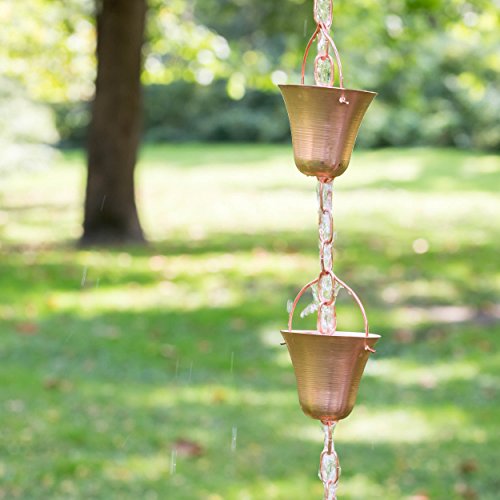 Marrgon Copper Rain Chain - Decorative Chimes & Cups Replace Gutter Downspout & Divert Water Away from Home for Stunning Fountain Display - 8.5' Long for Universal Fit - Bell Style
