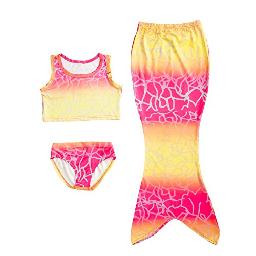 Vamelia Girl's 3Pcs Mermaid Tail Swimsuit Rainbow Princess Swimwear Bathing Suit Tankini