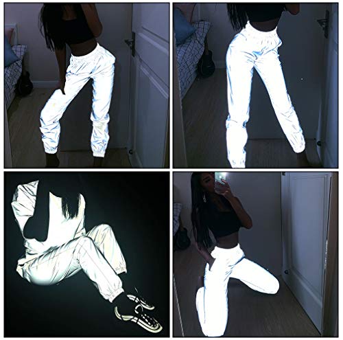 Women Reflective Pants Casual Dance Sport Track Trouser Sweatpants Jogger Pants Party Music Festival Rave Outfit Gray