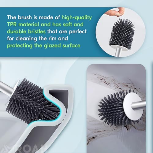 AMROAH Silicone Toilet Brush and Holder Set with Long Handle for Bathroom, Compact Cleaner Brush Toliet Bowl Floor Standing Plastic for Deep Cleaning Scrubber Under Rim