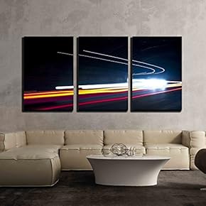 3 Piece Canvas Wall Art - Car Light Trails Art Image Long Exposure Photo Taken in a Tunnel - Modern Home Art Stretched and Framed Ready to Hang - 16"x24"x3 Panels