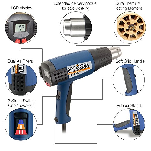 Steinel HL 2010 E Heat Gun - Multi-Purpose Kit, 1500 W power tool, ergonomically designed Heat Gun with LCD Display, 3 Stage Switch airflow and continuously variable temperature up to 1150°F, electrical heat tool set includes 3 reflector nozzles, reducer