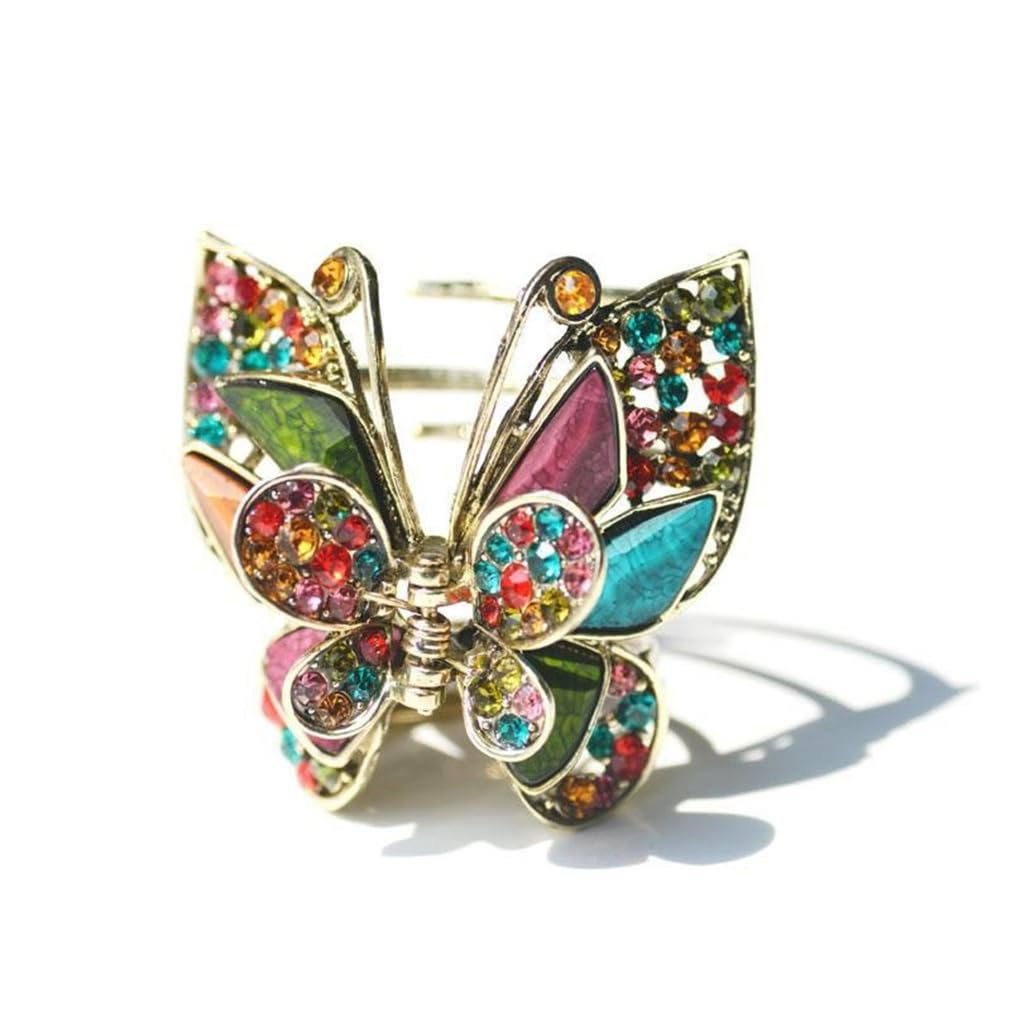 Vintage Butterfly Hair Clip with Diamond Resin - Colorful Shark Claw Barrette, Strong Hold Fashion Accessory for Women