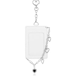 Photocard Holder Keychain with Metal Chain | Clear Photo Card Holder Heart Pendant, White PU Leather Hard Protective ID Badge