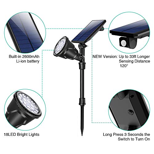 JSOT Solar Spot Lights, Outdoor 18 LED Landscape Lamps Super Bright Spotlight Waterproof Flood Lamp with Motion Sensor for Deck Yard Garden Garage Driveway (White - 4 Pack)