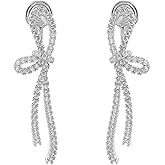 Clip On CZ Bow Fake Stud Dangle Drop Earrings for Women No Piercings Ear Dainty Silver Plated Crystal Ribbon Cuff Dangling Earring Fashion Jewelry Gifts for Her Birthday Christmas Hypoallergenic