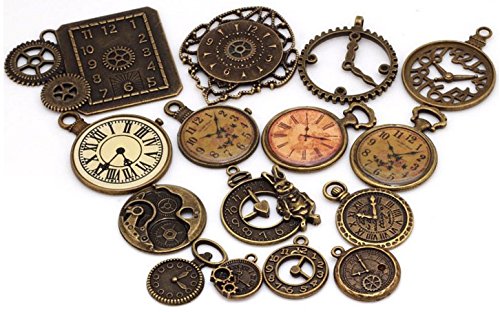 15 Pc Antiqued Charm Lot - Clock Face, DIY Crafts, Gears, Jewelry Making, Steampunk Pendants (As Pictured)