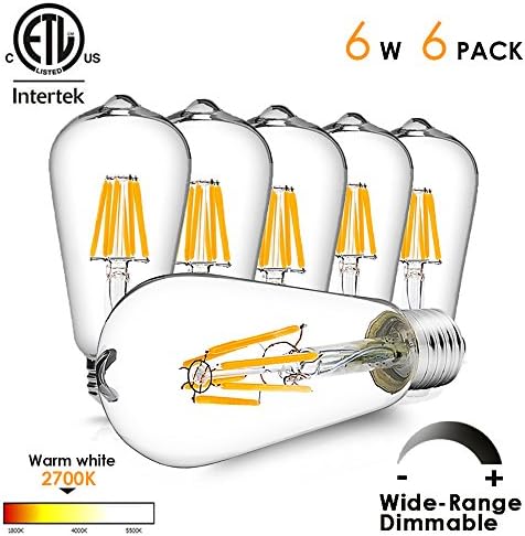 LED Light Bulbs Dimmable LED Edison Bulb Vintage LED Filament Light Bulb 6W (60W Equivalent), ST64 Warm White 2700K, 540LM, E26 Base, Wide Dimming Range Antique LED Bulb, 6 Pack