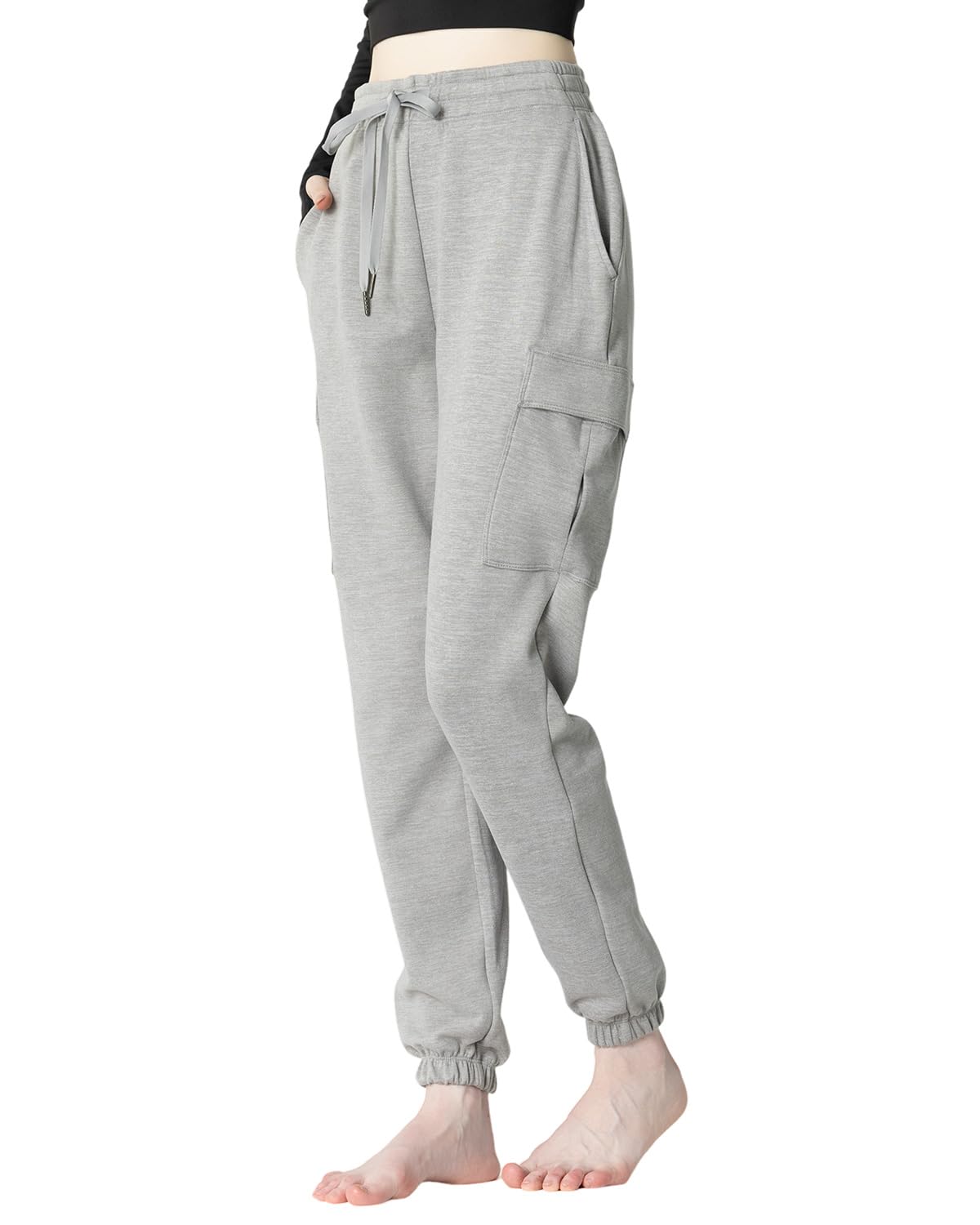 women's fleece cargo joggers - multi-pockets, elastic drawstring waist, warm winter daily wear