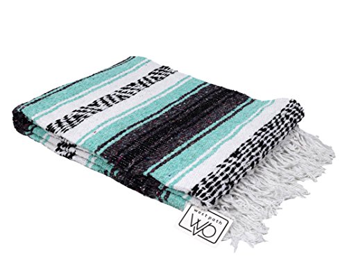 Open Road Goods Mexican Blanket - Mint Teal & Grey Mexican Falsa Beach Blanket - Mexican Yoga Blanket, Picnic Blanket, or Home Throw. Handwoven - Thumbnail 2