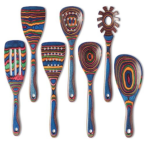 Gudamaye Pakkawood 7-Piece Blue Wooden Cooking Utensils - Wooden Spoons, Kitchen Utensil Set, Non-Stick Spoons