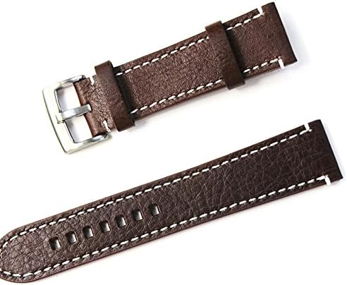KINGLOO Choices of Color &amp; Width (18mm,19mm,20mm,21mm,or 22mm) White Line Replacement Genuine Leather Watch Strap with Stainless Metal Clasp (22mm, Dark Brown)