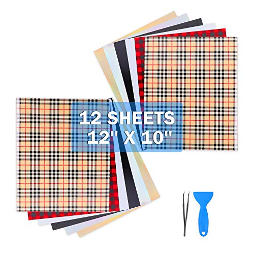 Heat Transfer Vinyl for T-Shirt Christmas Buffalo Plaid Iron On Vinyl Sheet PU HTV Bundle with Tweezers Assorted Colors Works with Cricut and Other Cutters -12’’X10’’-12PCS