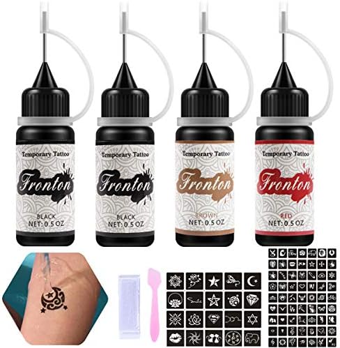 Fronton Temporary Tattoos Kit, Jagua Gel Semi Permanent Tattoo Freehand Gel/Ink 80 Pcs Free Stencils,DIY Tattoos Fake Freckles, Full Kit 4 Bottles