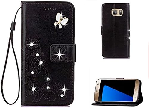 S8 Plus 3D Handmade Beauty Crystal Rhinestone Case,Inspirationc Bling Fashion Butterfly Lucky Flowers PU Leather Credit Card ID Stand Holders Wallet Cover for Samsung Galaxy S8 Plus--Bling Black