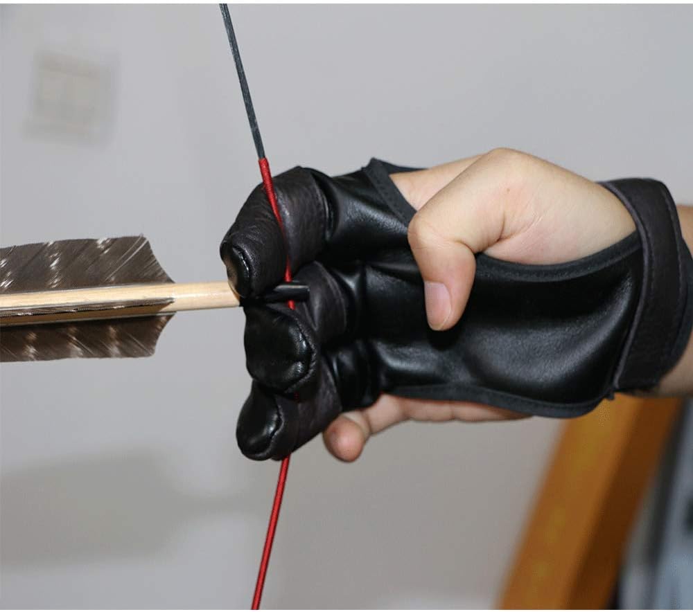 Huntingdoor Three Finger Archery Hand Gloves Protective Finger Tabs Leather Hand Guard Black For Recurve Bow Huting Shooting Targeting Sports Outdoors Archery