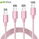 Micro USB Cable 4 Pack,COZY 3FT 6FT 6FT 10FT Long Premium Nylon Braided Android Charger USB to Micro USB Charging Samsung Charger Cord for Samsung Galaxy S7 Edge/S7/S6/S4/S3,Note 5/4/3（Pink）