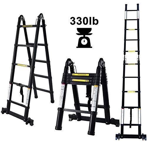 charaHOME Aluminum Telescoping Ladder 10.5ft Multipurpose A-Frame Folding Telescopic Extension Ladder Lightweight Portable Telescope Ladder Folding with Support Bar Non-Slip 330 lb Load Capacity