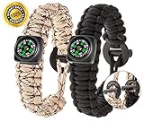 A2S Dare2 Survival Bracelet - Pack of 2  Stylish Survival Gear Kit with Compass, Fire Starter, Emergency Knife - for Camping Hiking Outdoors Emergency Preparedness (Black / Sand Camo, Medium 8.5")