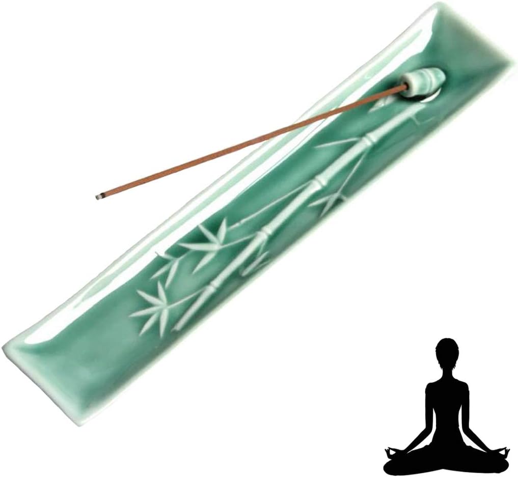 Layssa Incense Stick Holder Ceramic Bamboo Shape Incense Burner with Ash Catcher -Green