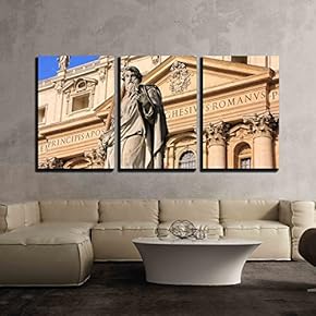 3 Piece Canvas Wall Art - Satue of Saint Peter, Maderno Facade, Saint Peters Basilica, Vatican City, Rome - Modern Home Art Stretched and Framed Ready to Hang - 16"x24"x3 Panels
