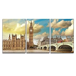 3 Piece Canvas Wall Art - London View of Westminster Bridge and Houses of Parliament with Thames River - Modern Home Art Stretched and Framed Ready to Hang - 16"x24"x3 Panels