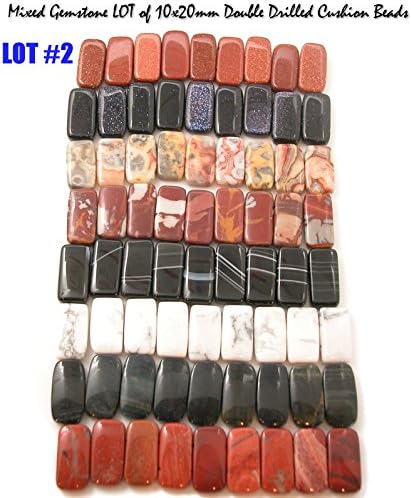 LOT #2 Mixed Gemstone 10x20mm Double Drilled Cushion Beads (72 beads). Goldstone, Crazy Lace, Noreena, Sardonyx, Howlite, Red Jasper, Blue Tiger Eye