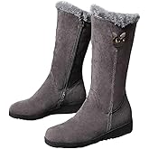 BININBOX Winter Boots for Women Snow Comfortable Zipper Suede Warm Fur Lined Mid Calf Booties Non Slip Outdoor Womens Boot