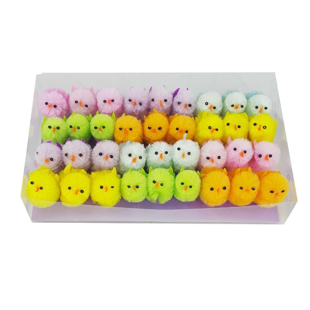 DearSun Pack of 36pcs, 1.35 inches High Little Mini Chicks Easter Tiny Chenille Chicks Easter Bonnet Decoration Party Supplies Cake Decoration (Rainbow Multicolor)