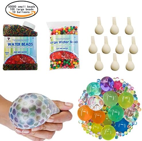 TOAOB Water Beads Pack Include 50000 Small Water Beads 100 Large Water Beads 10 Balloons Mixed Jelly Water Gel Balls for Vases Plant Home Decor and Spa Refill