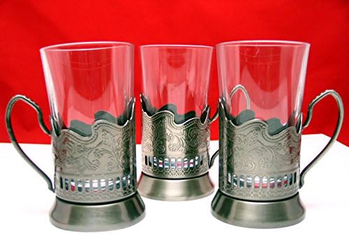 Set of 3 Old Fashioned Tempered Hot Tea Glass, Cup 10 oz + Russian Metal Glass Holder Podstakannik, Vintage, USSR, Soviet Suitable for Hot/Cold Beverages