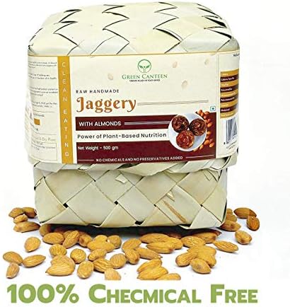Green Canteen Raw Handmade Jaggery Vegan and Gluten Free (No Added Sugar, No Impurities, No Added Colour, No Added Preservatives) (Raw with Almonds, 500 gm)