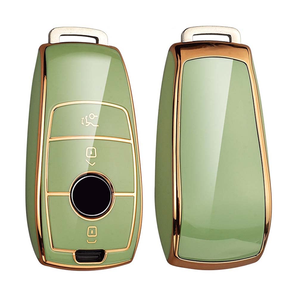 HIBEYO Smart Car Key TPU Case Fits Green Gold 3 Protective Case Key Cover Case for Mercedes Class-E S A CLA GLA GLE GLC GLK AMG Key Box Remote Key Case (Green-Gold)