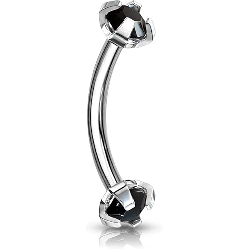 Pierced Owl Eyebrow Curve Ring with Internally Threaded Prong-Set Gem - Stainless Steel 16GA 5/16" Long - Select from 9 Colors (Black)