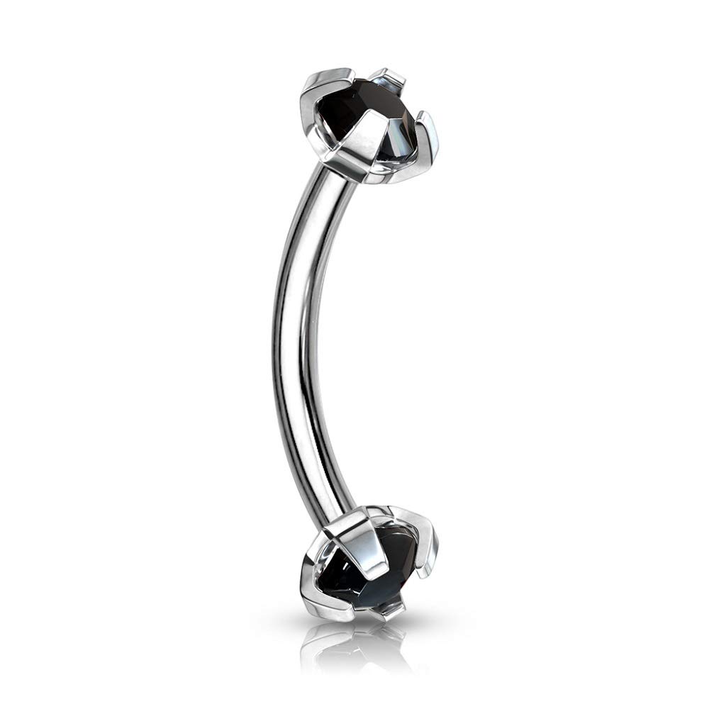 Pierced Owl Eyebrow Curve Ring with Internally Threaded Prong-Set Gem - Stainless Steel 16GA 5/16" Long - Select from 9 Colors (Black)