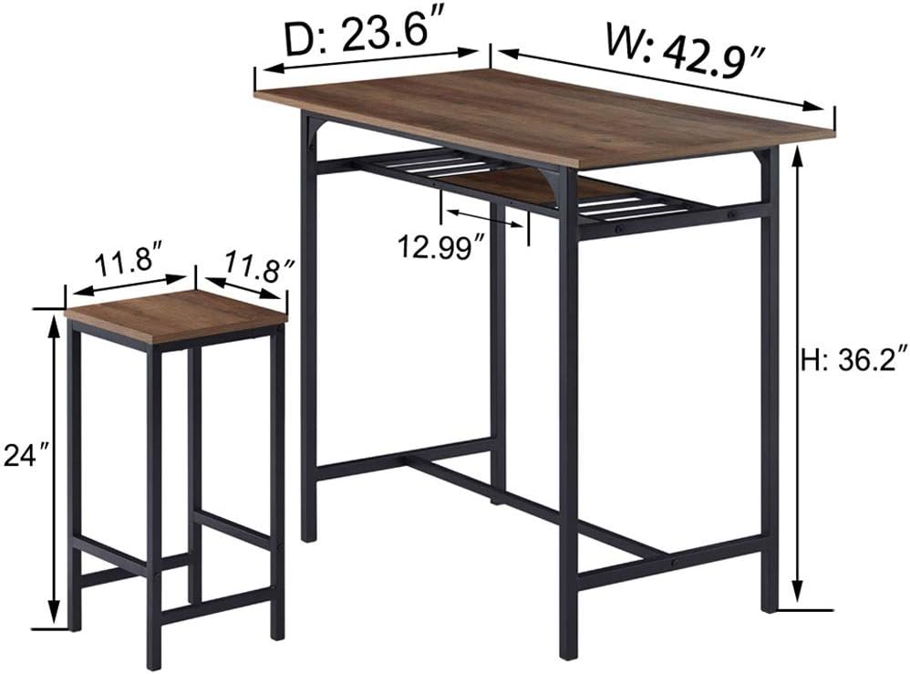 IBF Modern Bar Table Set, Wood and Metal Dining Table Set, Industrial Breakfast Pub Table, Counter Height Table with 2 Chairs Stools for Kitchen Living Room, Rustic Oak, 42 Inch: Furniture & Decor