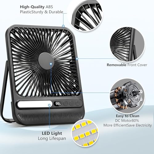 Portable Desk Fan for Travel, 7 Inch Portable Fan with Light – Rechargeable Camping Fan, 10000mAh Battery, 28H Runtime, 4 Speeds, Ultra-Thin, Quiet, Timer & LED Display, for Bedroom, Office, Camping