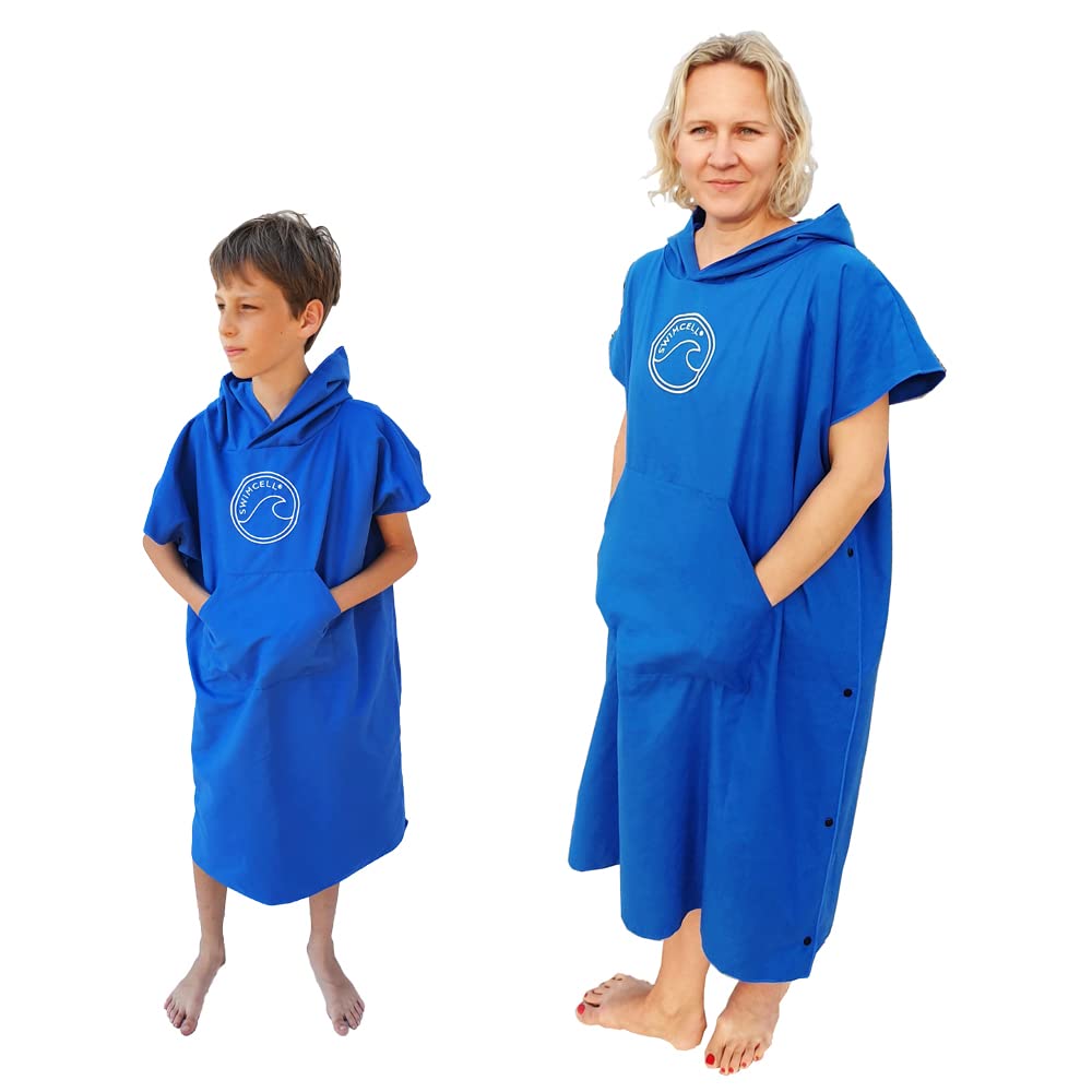 SwimCell Microfibre Changing Robe For Women, Men and Kids - Light Weight, Quick Drying Surf Changing Towel With Hood and Pocket - Opens into Large Beach Towel - Blue, Medium