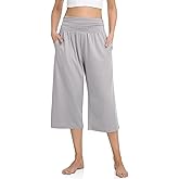 TARSE Womens Capris Lounge Yoga Pajama Cropped Pants Casual Wide Leg with Pockets Elastic Waist Workout Sweat Pants Summer