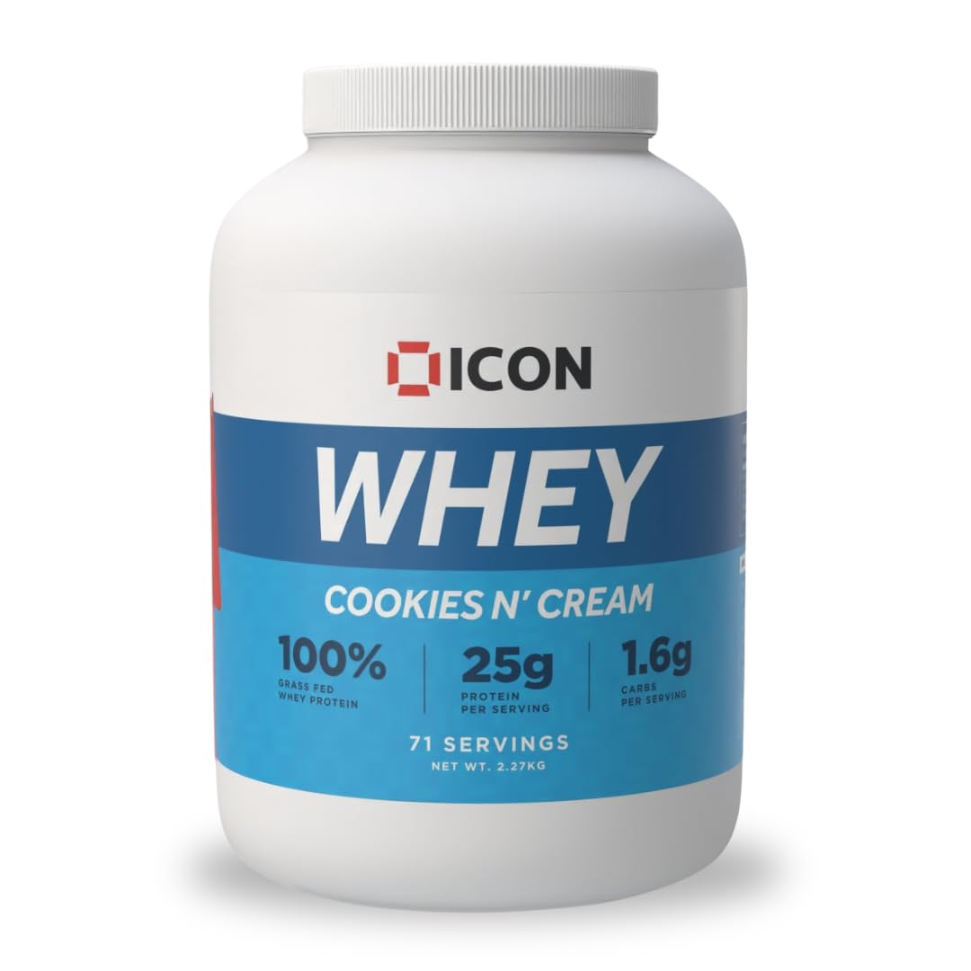 ICON Nutrition Whey Protein Powder — Cookies N Cream — High Protein, Grass Fed, Low Carbs & Fat, Complete Amino Acid Profile, Cold Shakes or Mix with Foods — 2.27kg, 71 Servings