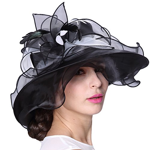 June's Young Women Race Hats Organza Hat with Ruffles Feathers (Black&White)