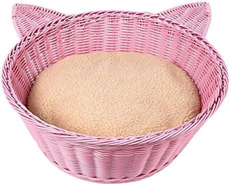 FOREYY Round Cat Bed with Soft Cushion, Poly Rattan Indoor Pets Basket Kennel Home House for Kitten, Small and Medium Cats, Easy Clean Washable(Pink)