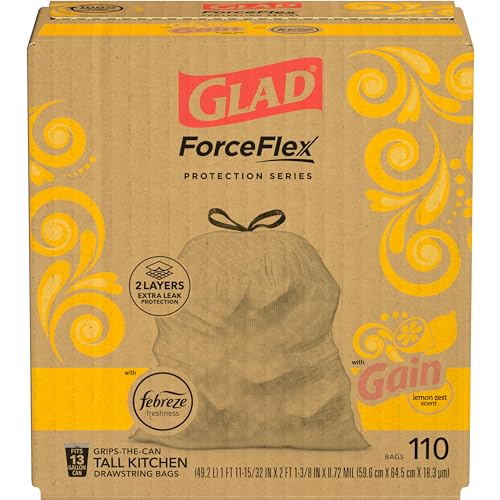 GLAD FORCEFLEX TALL KITCHEN TRASH BAGS, 13 GALLON, GAIN LEMON ZEST, 110 COUNT (PACKAGE MAY VARY)