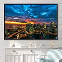 Framed Canvas Wall Art City Illuminations Aerial Cityscape Contemporary Multicolor Photography Places Realism Ultra Urban - 16x24 inches