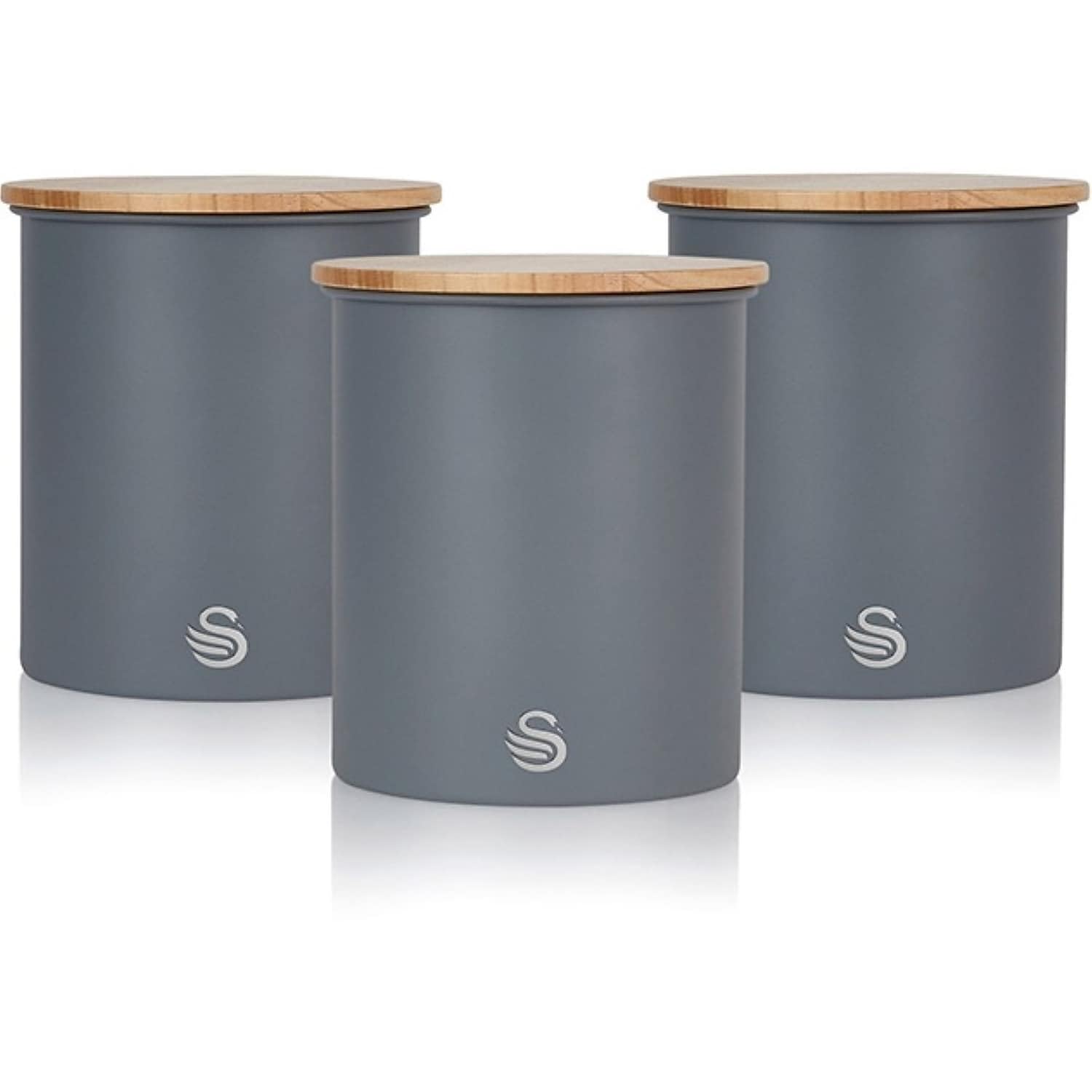 Swan SWKA17513GRYN Nordic Scandi Set of 3 Storage, Tea, Coffee and Sugar Canisters, Slate Grey, Steel, Bamboo Lid
