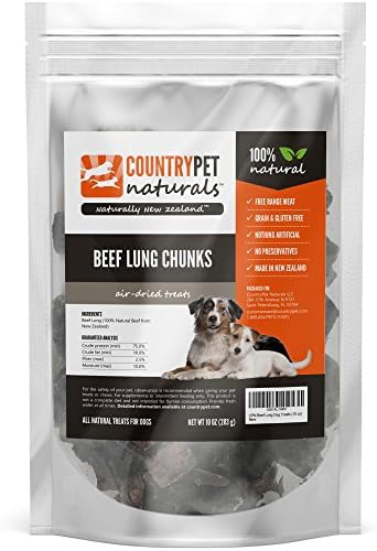 Beef Lung Treats for Dogs by CountryPet Naturals (Large Bag, 10 Ounces) - Air Dried, Healthy Snack and Training Reward - 100% Natural, Grain Free, Gluten Free, Single Ingredient - Made in New Zealand
